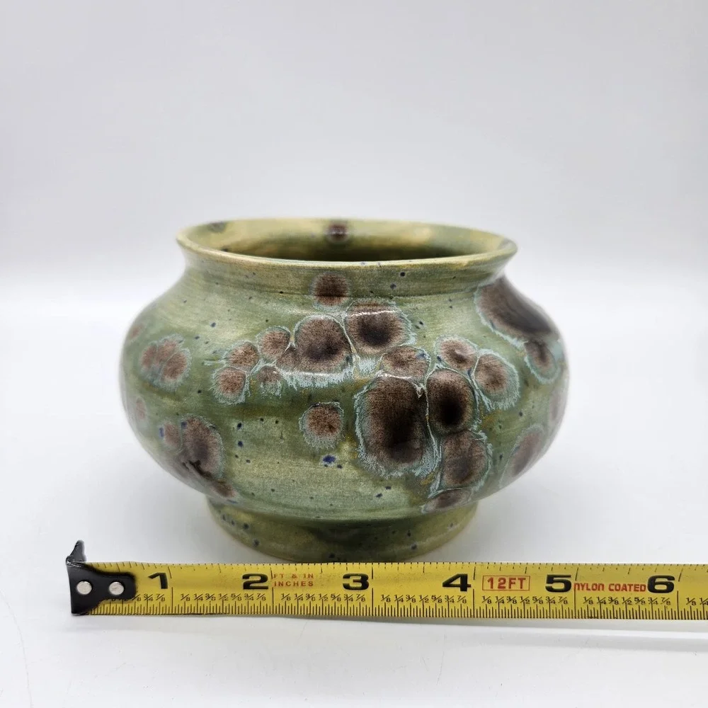 VTG Studio Pottery Crystalline Glaze Small Vase Pot Green Blue Brown Signed